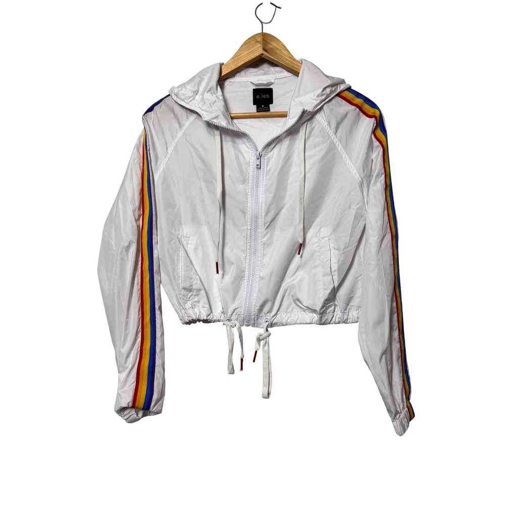 A.Lab Womens White Rainbow Stripe Cropped Hooded Windbreaker Jacket Small